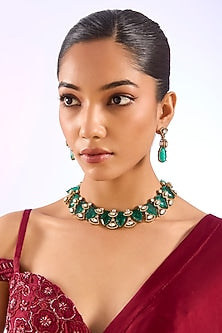 Gold Finish Kundan Polki & Deep Green Stone Choker Necklace Set