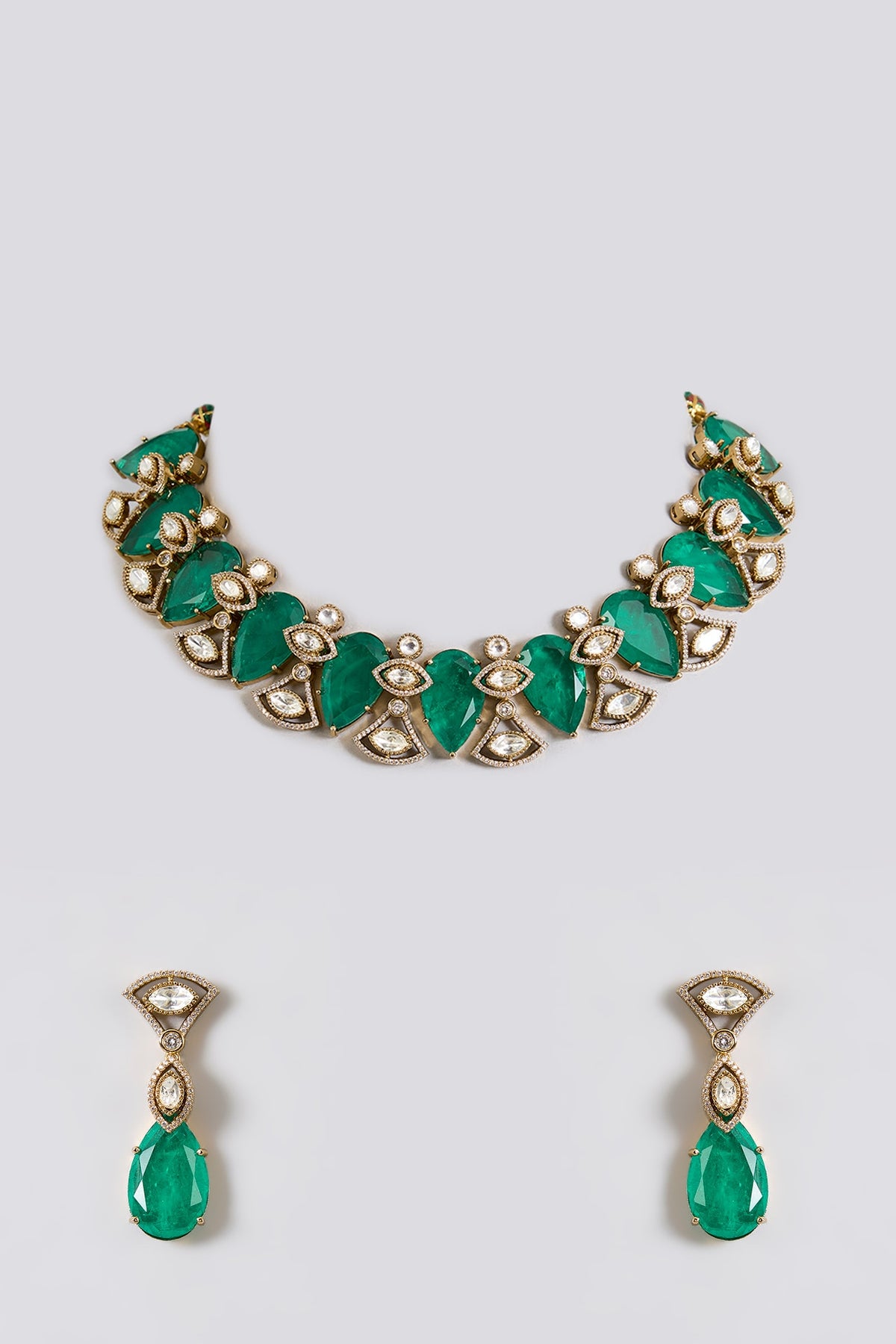 Gold Finish Kundan Polki & Deep Green Stone Choker Necklace Set