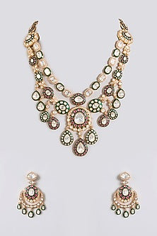 Gold Finish Kundan Stone Layered Necklace Set