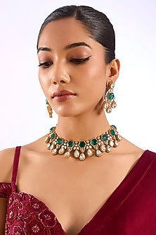 Gold Finish Kundan Polki & Emerald Stone Choker Necklace Set