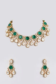 Gold Finish Kundan Polki & Emerald Stone Choker Necklace Set