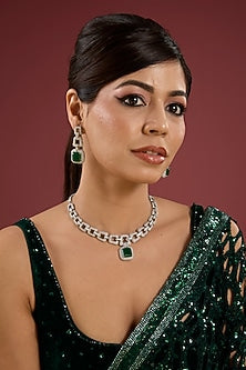 White Finish Green Stone Necklace Set