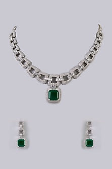 White Finish Green Stone Necklace Set