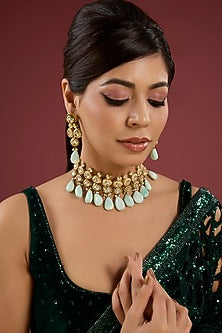 Gold Finish Kundan Polki & Turquoise Stone Necklace Set