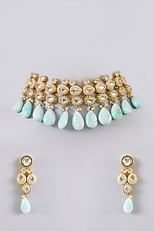 Gold Finish Kundan Polki & Turquoise Stone Necklace Set