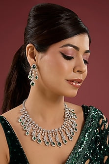Silver Finish Green & White Stone Dangler Earrings