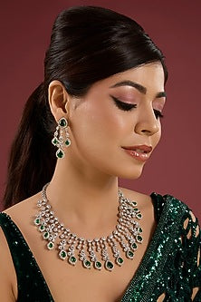 Silver Finish Green & White Stone Dangler Earrings
