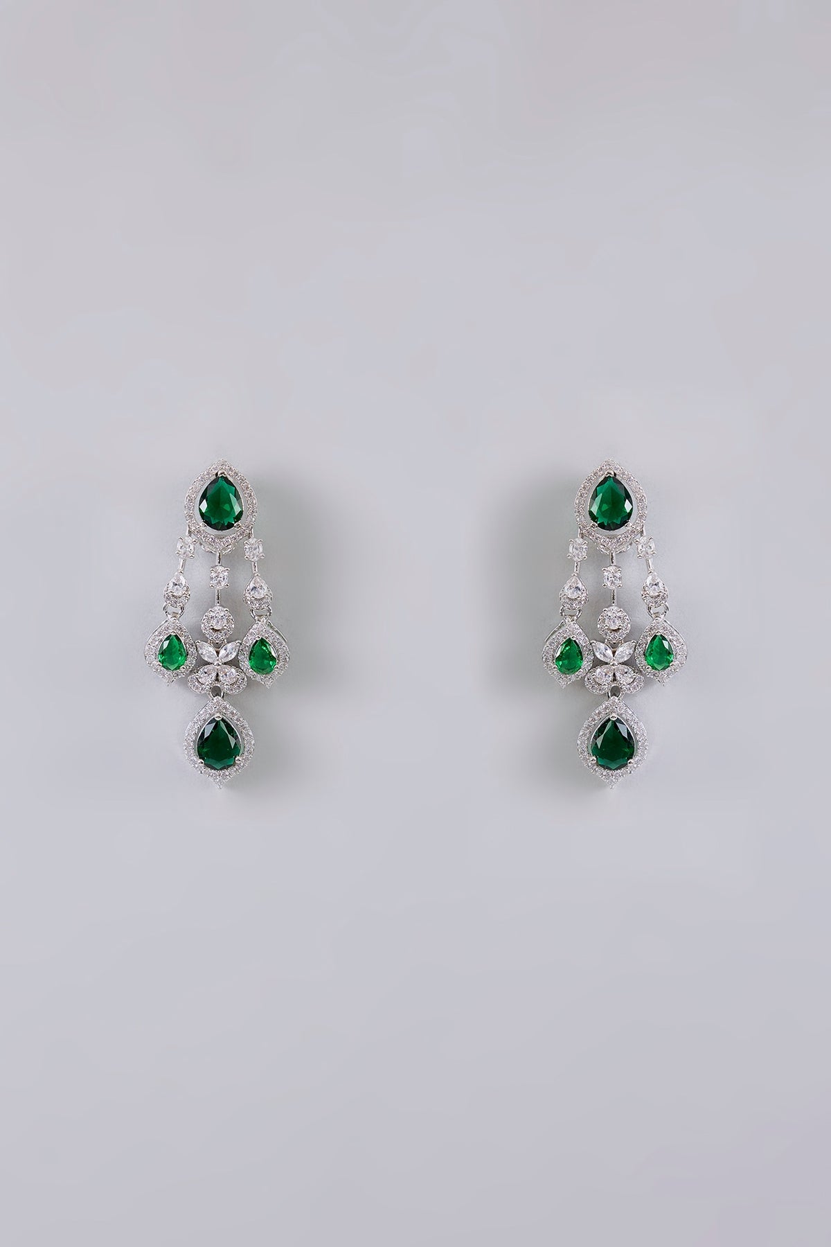 Silver Finish Green & White Stone Dangler Earrings