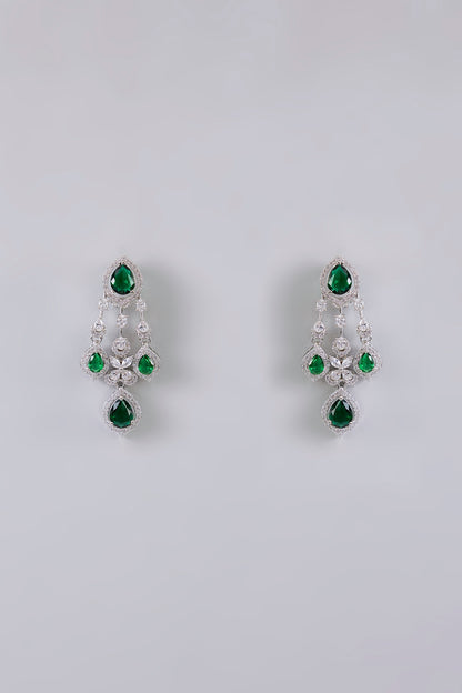 Silver Finish Green & White Stone Dangler Earrings