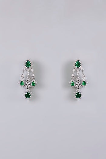 Silver Finish Green & White Stone Dangler Earrings