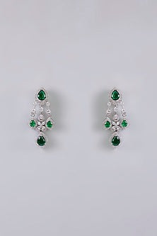 Silver Finish Green & White Stone Dangler Earrings