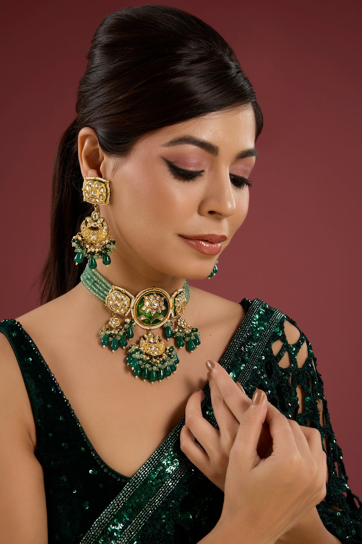 Gold Finish Kundan Polki & Green Gem Stone Necklace Set