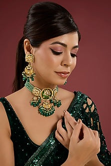 Gold Finish Kundan Polki & Green Gem Stone Necklace Set