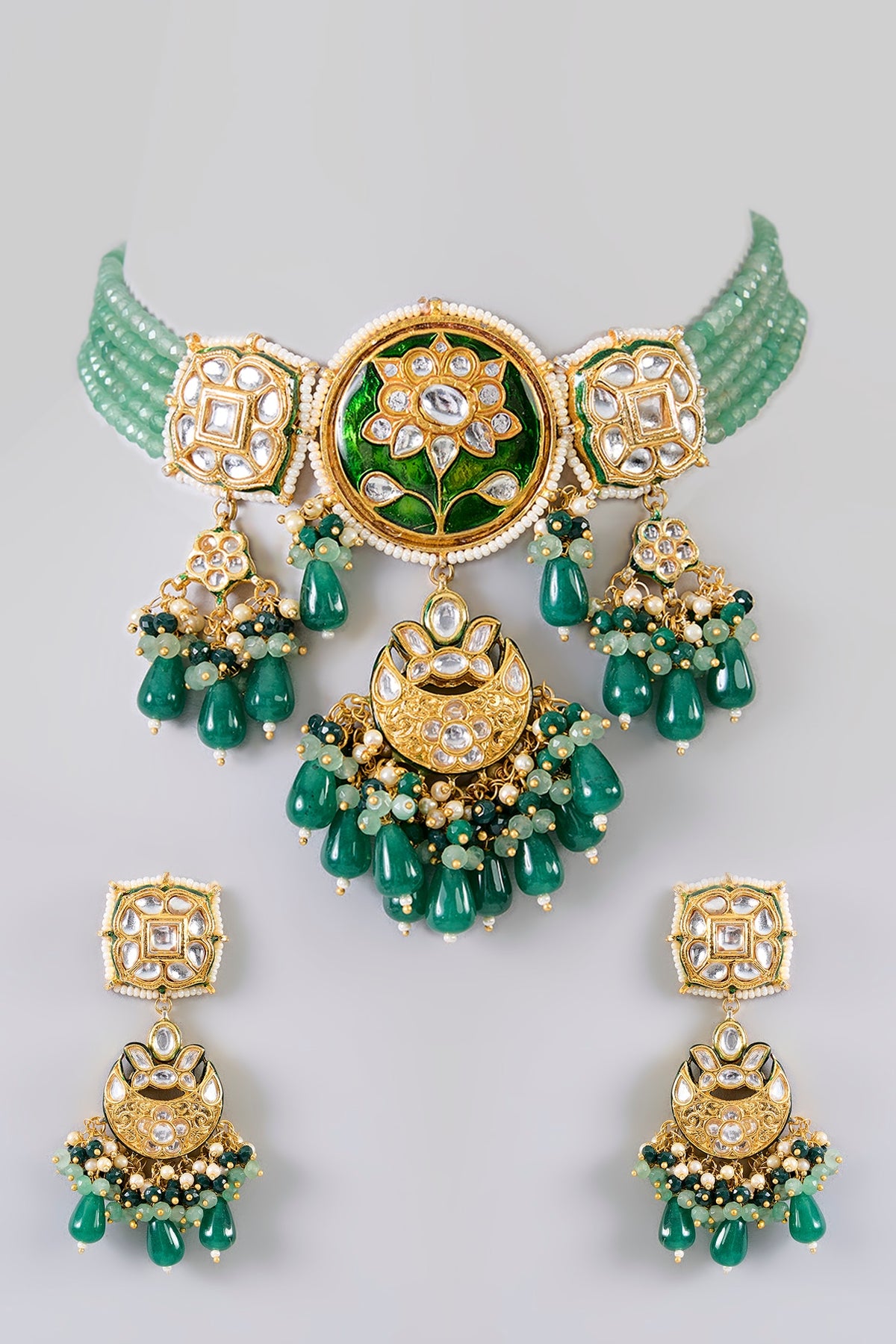 Gold Finish Kundan Polki & Green Gem Stone Necklace Set
