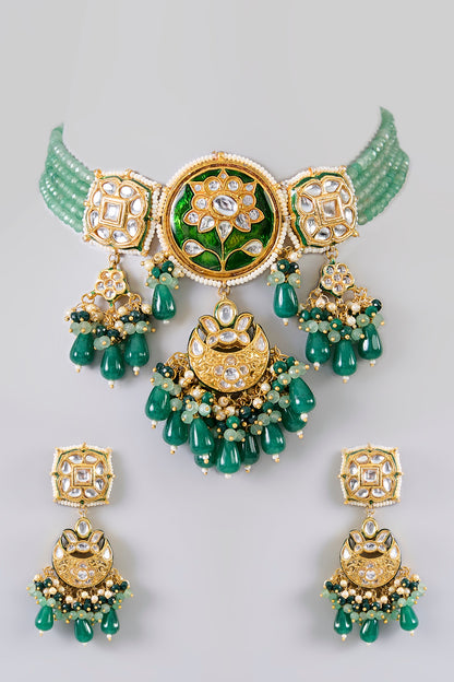 Gold Finish Kundan Polki & Green Gem Stone Necklace Set