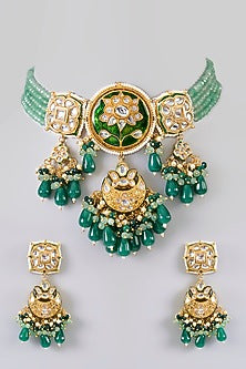 Gold Finish Kundan Polki & Green Gem Stone Necklace Set