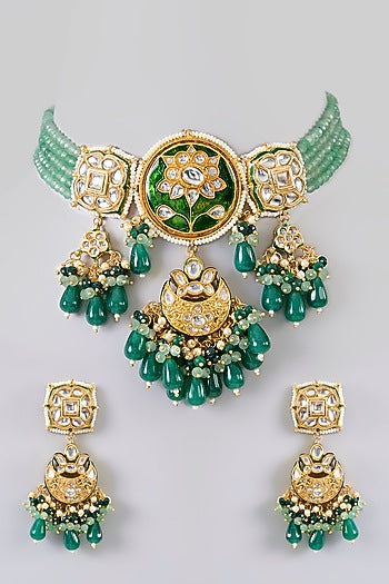 Gold Finish Kundan Polki & Green Gem Stone Necklace Set