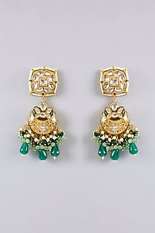 Gold Finish Kundan Polki & Green Gem Stone Necklace Set