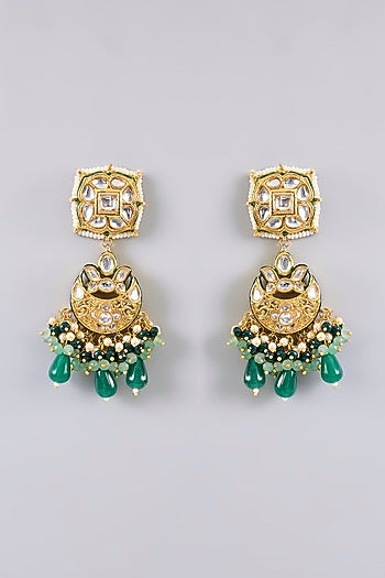 Gold Finish Kundan Polki & Green Gem Stone Necklace Set