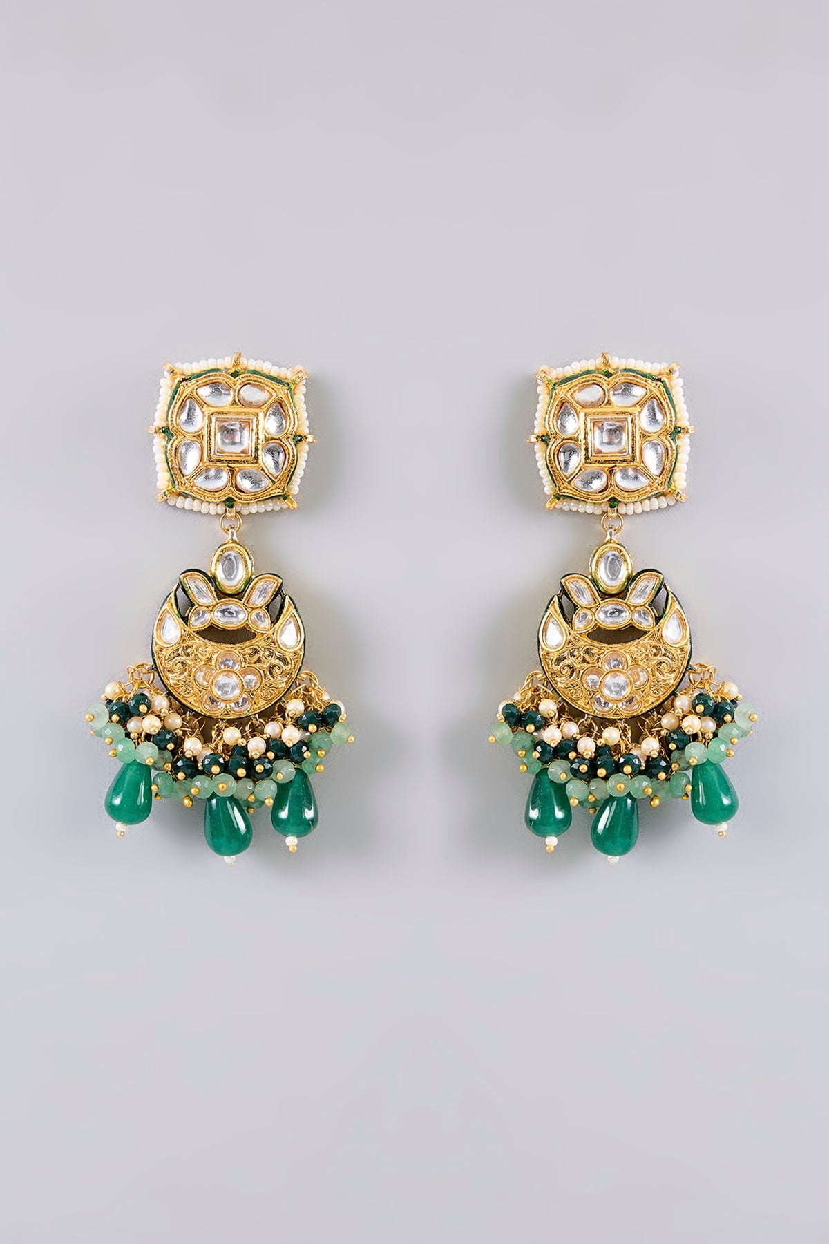 Gold Finish Kundan Polki & Green Gem Stone Necklace Set