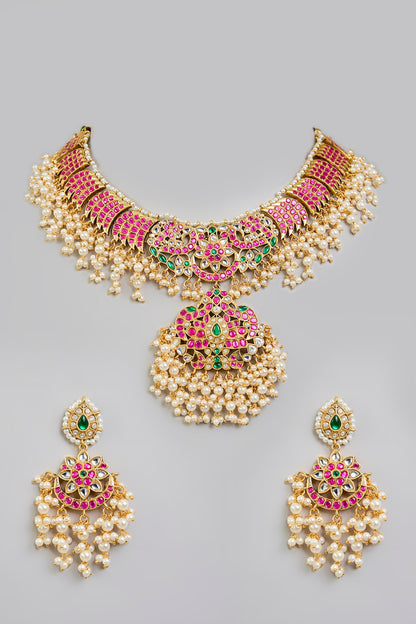 Gold Finish Kundan Polki & Pearl Choker Necklace Set