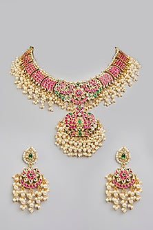 Gold Finish Kundan Polki & Pearl Choker Necklace Set
