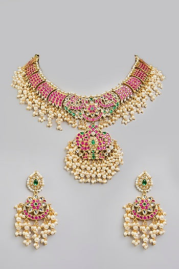 Gold Finish Kundan Polki & Pearl Choker Necklace Set