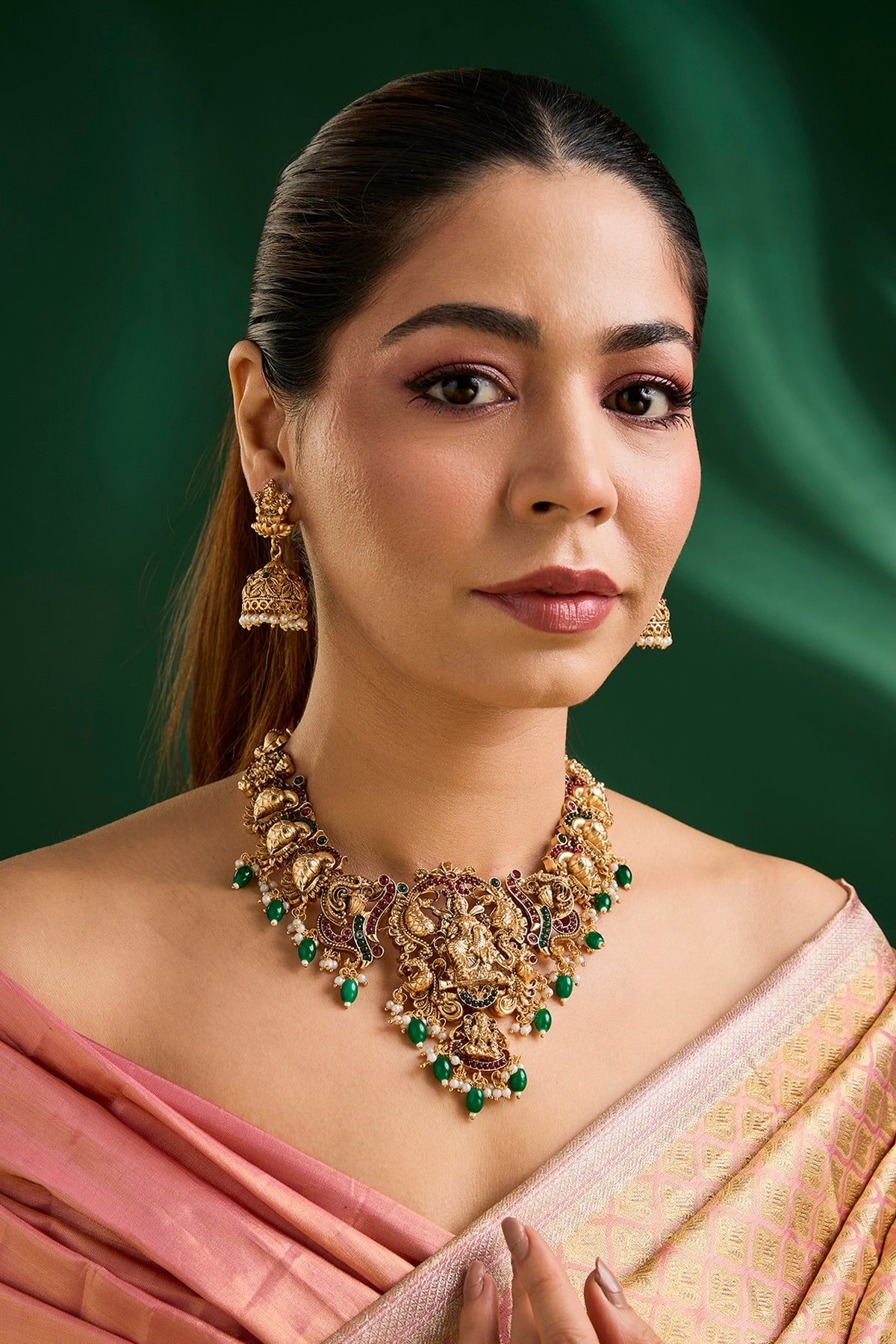 Gold Finish Kundan Polki & Green Drop Necklace Set