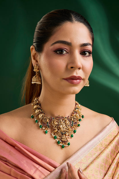 Gold Finish Kundan Polki & Green Drop Necklace Set