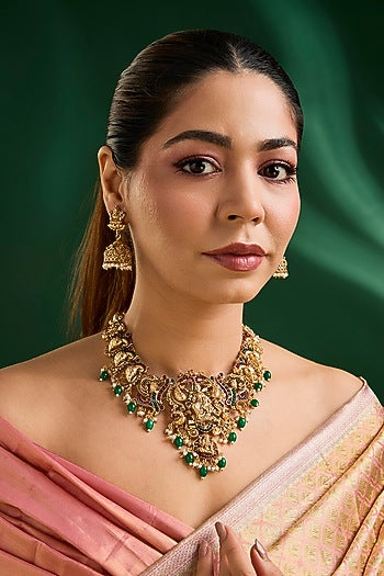 Gold Finish Kundan Polki & Green Drop Necklace Set