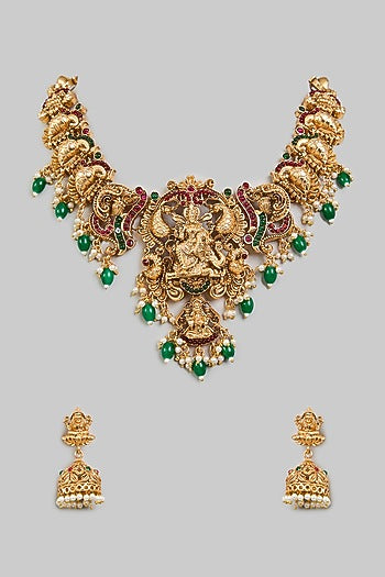 Gold Finish Kundan Polki & Green Drop Necklace Set