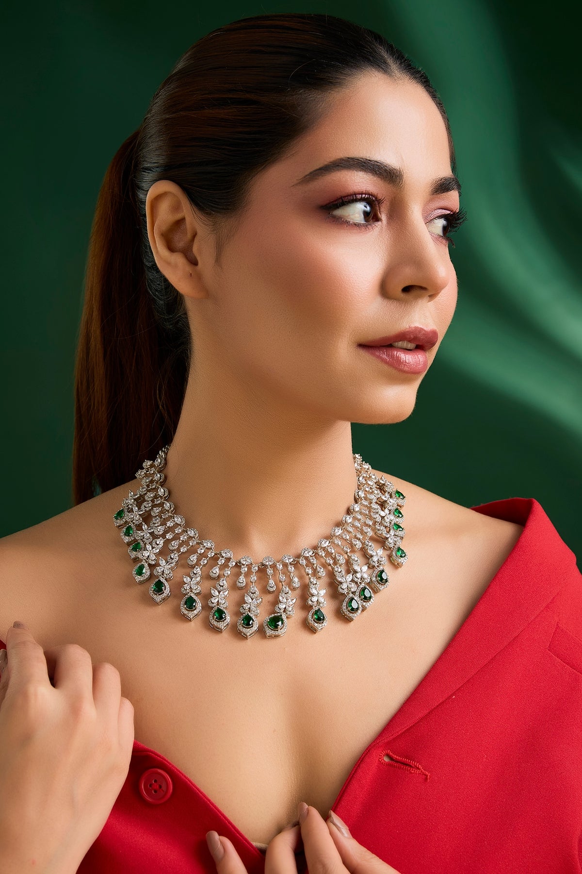 White Finish Zircon & Emerald Drop Necklace