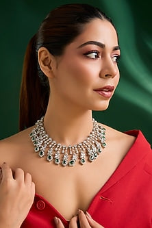 White Finish Zircon & Emerald Drop Necklace