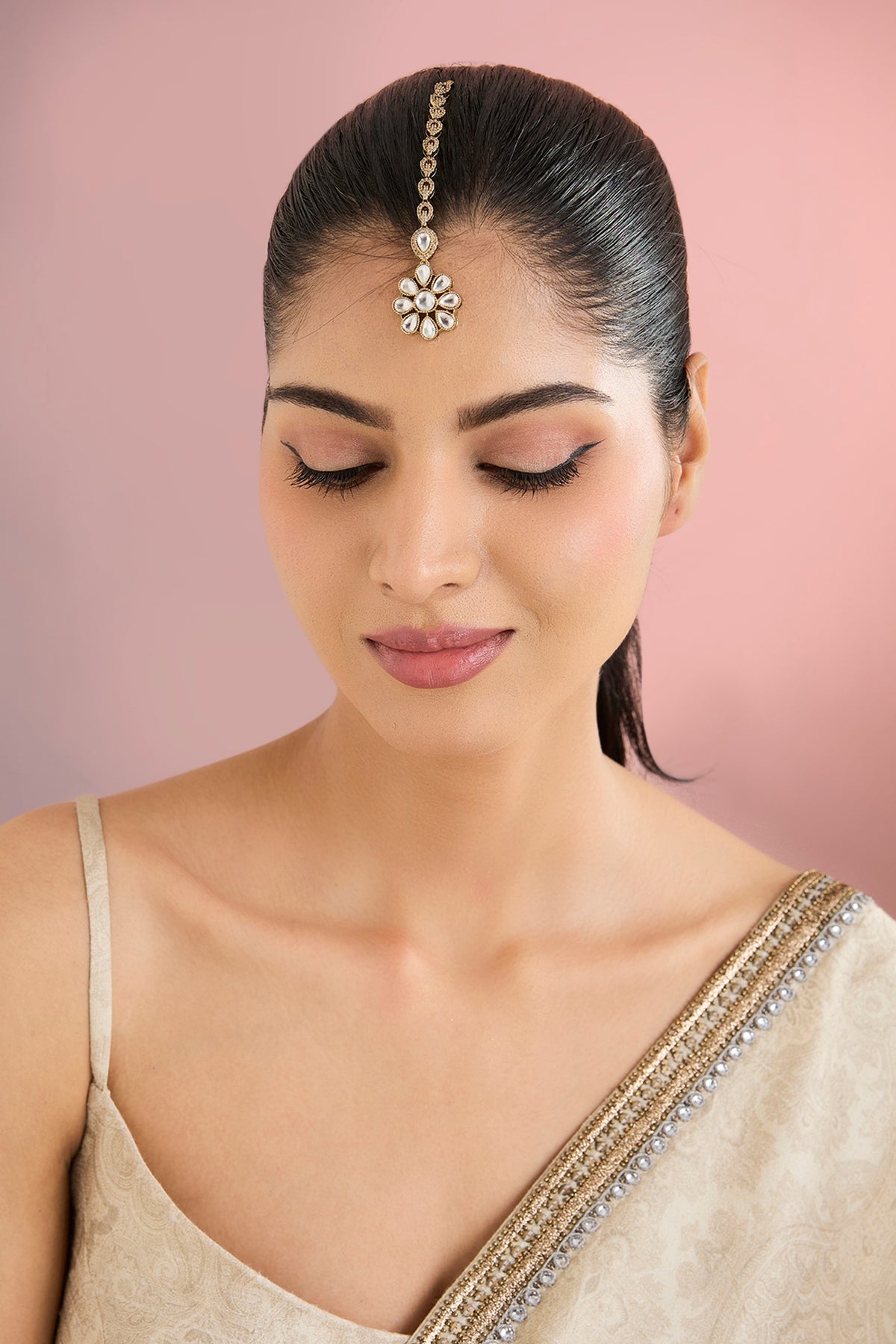 Gold Finish Kundan Polki & Floral Motif Maangtikka