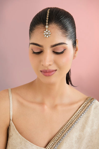 Gold Finish Kundan Polki & Floral Motif Maangtikka