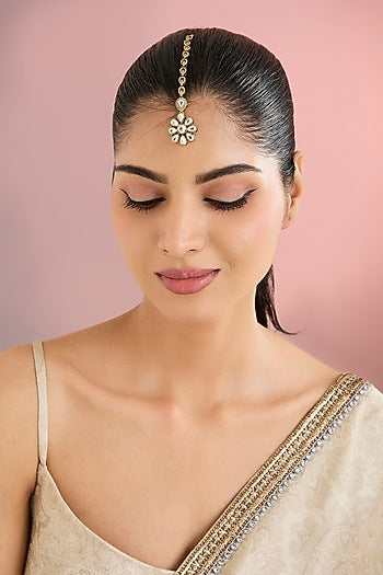 Gold Finish Kundan Polki & Floral Motif Maangtikka