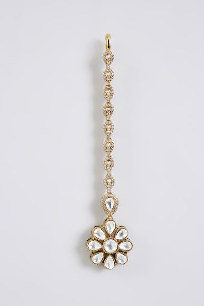 Gold Finish Kundan Polki & Floral Motif Maangtikka