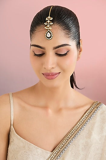 Gold Finish Green Kundan Polki Maangtikka