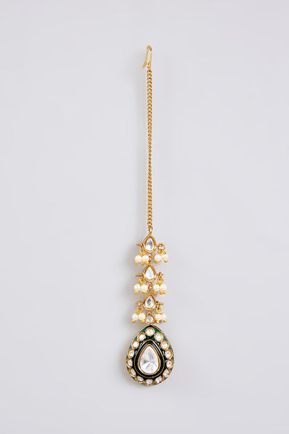 Gold Finish Green Kundan Polki Maangtikka