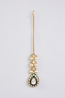 Gold Finish Green Kundan Polki Maangtikka