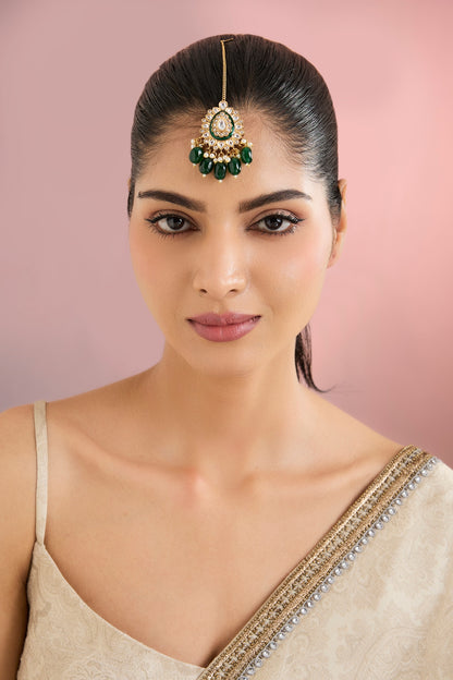 Gold Finish Green Kundan Polki Maangtikka