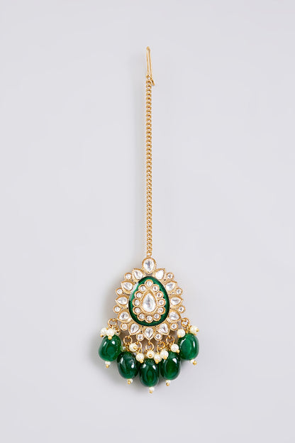 Gold Finish Green Kundan Polki Maangtikka