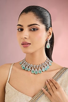White Finish Zircon & Green Stone Necklace Set