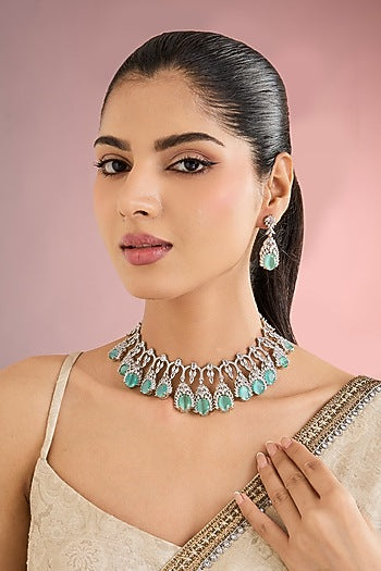White Finish Zircon & Green Stone Necklace Set