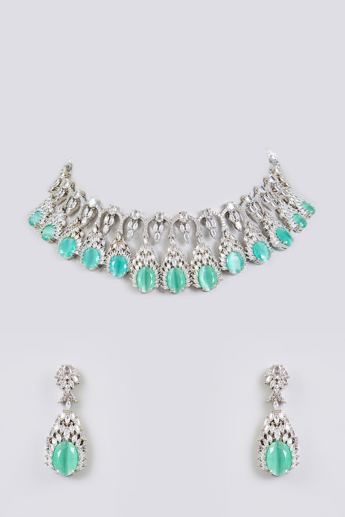 White Finish Zircon & Green Stone Necklace Set