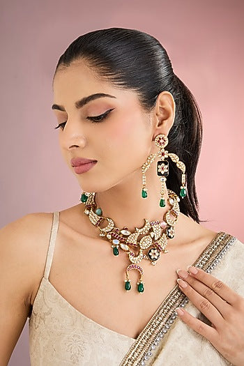 Gold Finish Kundan Polki & Ruby Drop Necklace Set