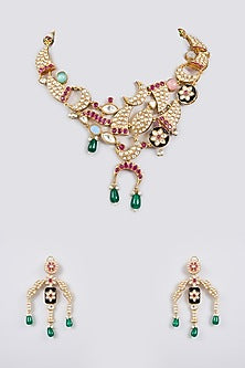 Gold Finish Kundan Polki & Ruby Drop Necklace Set