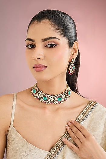 White Finish Zircon & Green Stone Choker Necklace Set