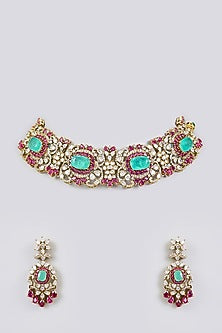 White Finish Zircon & Green Stone Choker Necklace Set