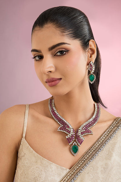 White Finish Zircon & Ruby Stone Choker Necklace Set